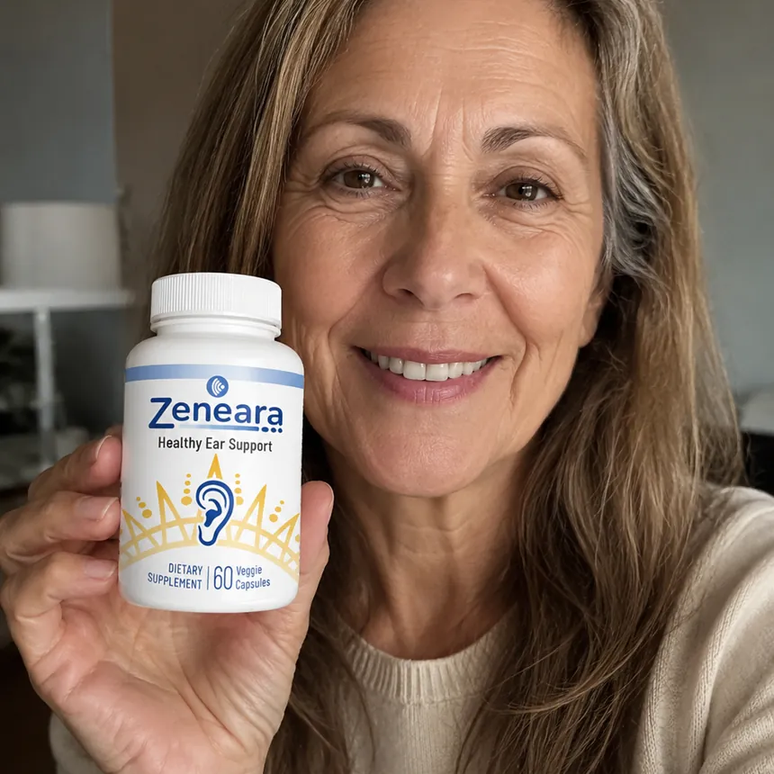 Woman holding Zeneara Healthy Ear Support supplement